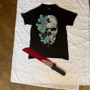 Black Skull Graphic T-Shirt with Floral Design